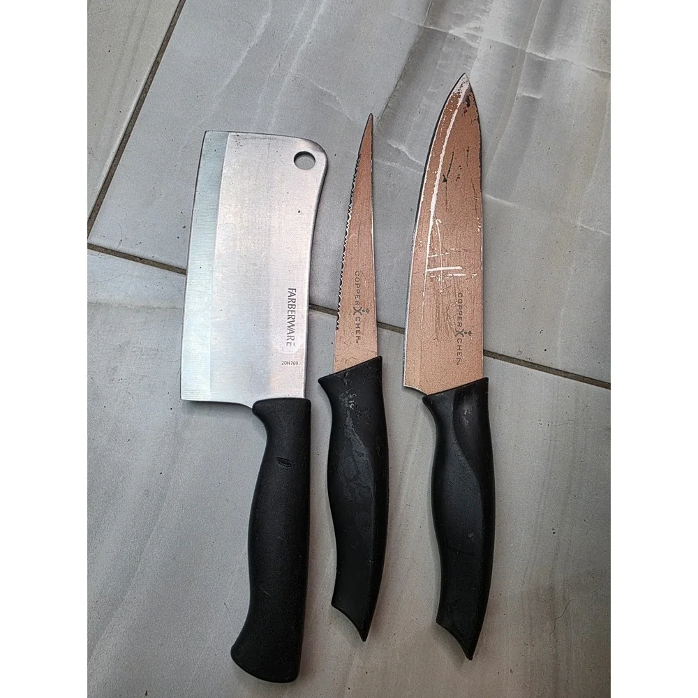 Farberware Cleaver and Copper Chef Knife Set‎ 3 Piece Mixed Kitchen Cutlery A4